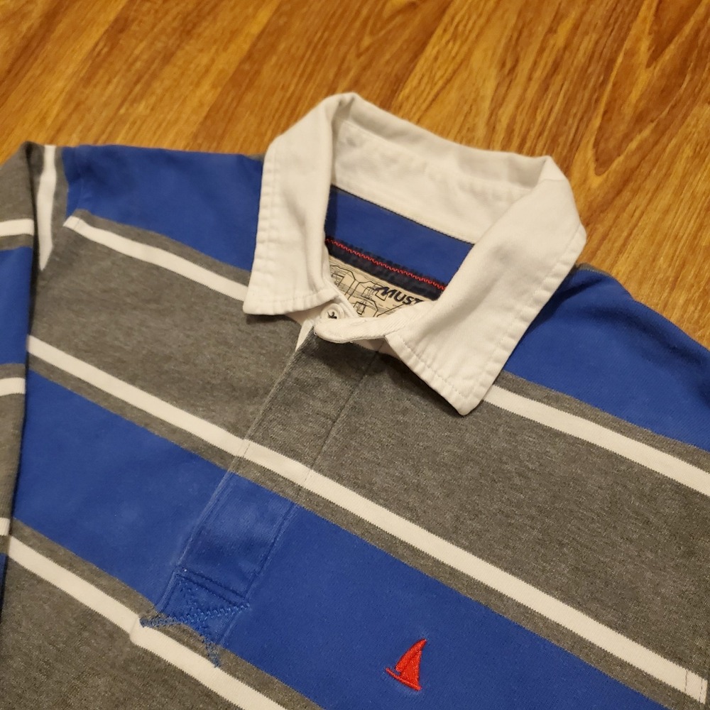 Musto Rugby Shirt‎ Men Medium Blue Gray Stripe Ocean Racing 064 Sailing Heavy